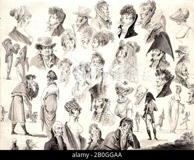 Jean-Baptiste Isiley, Französisch, 1767-1855, Blatt für Karikaturen, 77-5, Stift und graue Tinte, Bürste und graue Tinte, auf cremefarbenem Taubpapier, Gesamt: 9 3/8 x 11 7/8 Zoll (23,8 x 30,1 cm Stockfoto