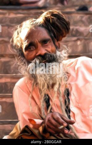 Digitale Gemälde: Naga Sadhu-3 Digitales Gemälde eines lächelnden Naga Sadhu, das im Varanasi Ghat, Varanasi, Indien raucht. Stockfoto