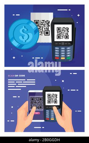 Poster mit qr-code und Symbolen festlegen Stock Vektor