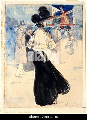 Henry Somm, Französisch, 1844-1907, Le Moulin de la Galette, 164-1907, Stift und schwarze Tinte und Aquarell über Bleistiftskizze auf Papier, Gesamt: 8 3/8 x 6 3/8 Zoll (21,3 x 16,2 cm Stockfoto