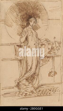 James McNeill Whistler, Amerikaner, 1834-1903, aktiv in England und Frankreich, Frau mit einem Sonnenschirm (Sketch of 'Harmony in Blue and Gold'), c Stift und braune Tinte auf weißem Papier, Gesamt: 6 3/16 x 3 11/16 Zoll (15,7 x 9,4 cm Stockfoto