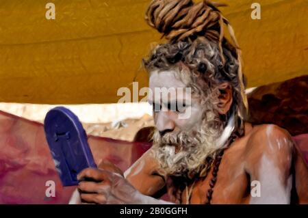 Digitale Gemälde: Naga Sadhu-5 Digitales Gemälde eines alten Naga Sadhu mit langen Haaren, heilige Asche auf dem Gesicht, Spiegel am Ghat, Varanasi. Stockfoto