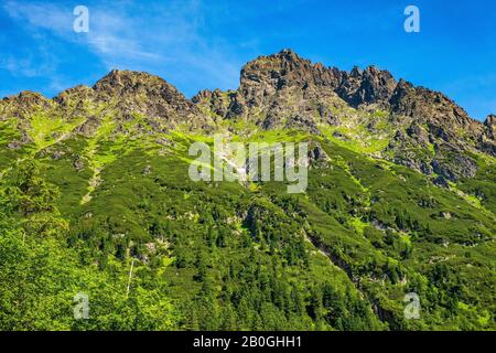 Panoramablick auf Den Sieben Gratskamm - Siedem Granatow - in der Zabia Gran Range über das Rybi Potok Valley in den Tatra Mountains, in der Nähe von Zakopane, Polen Stockfoto