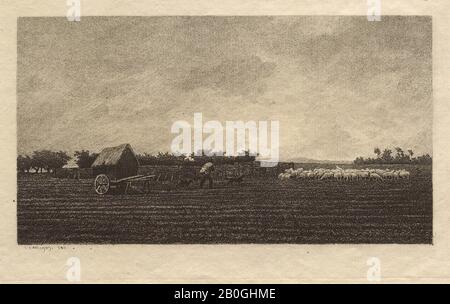 Nach Charles-François Daubigny, Französisch, 18-1878, Le petit parc à moutons, 166, Heliogravure auf Niederländisch Ende 18. C. Papier, Bild: 4 1/4 x 7 13/16 Zoll. (10,8 x 19,8 cm Stockfoto