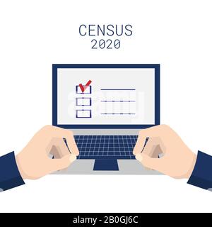 Bevölkerungszählung 2020. Die Hände tippen auf einer Laptop-Tastatur. Isoliert auf weißem Hintergrund. Vektorgrafiken Stock Vektor