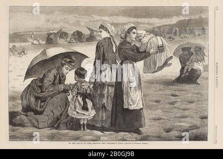 J. L. Langridge, amerikanisch, 1800-1899, Nach Winslow Homer, (amerikanisch, 186-1910), Am Strand in Long Branch-The Children's Hour, Von Harper's Weekly, Bd. 18, 15. August 1874, Holzgravur auf Zeitungspapier, Bild: 9 3/16 x 13 9/16 Zoll (23,4 x 34,5 cm Stockfoto