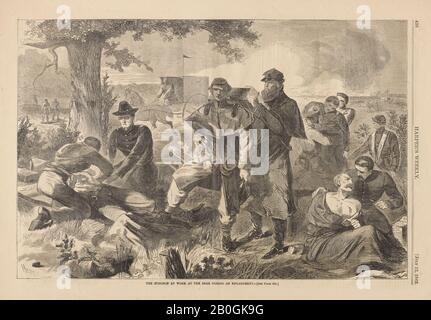 Nach Winslow Homer, amerikanisch, 186-1910, War Der Chirurg bei Der Arbeit am Heck während einer Verlobung, Von Harper's Weekly, Bd. 6, 12. Juli 1862, Holzgravur auf Zeitungspapier, Bild: 9 3/16 x 13 3/4 Zoll. (23,3 x 35 cm Stockfoto