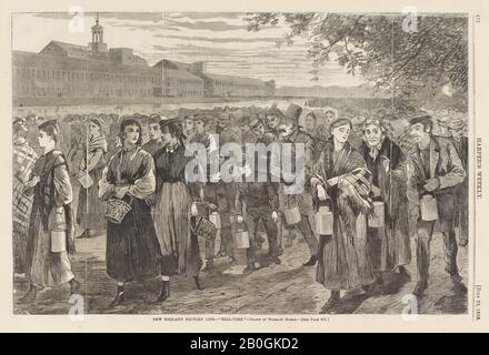 Nach Winslow Homer, amerikanisch, 186-1910, Neu-England Factory Life-'Bell-Time', Von Harper's Weekly, Bd. 12, 1868, Holzgravur auf Zeitungspapier, Bild: 9 3/16 x 13 7/8 Zoll. (23,4 x 35,3 cm Stockfoto