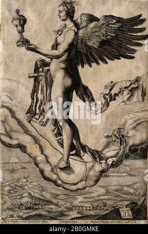 Nachdem Albrecht Dürer, deutsch 1471-1528, Nemesis (Das Große Vermögen), c 1600, Gravur auf Papier, Rand: 8 x 5 1/4 Zoll (20,3 x 13,3 cm Stockfoto