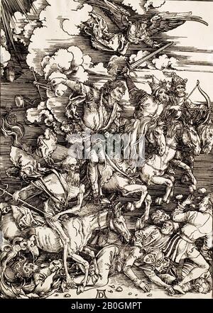 Nach Albrecht Dürer, deutsch 1471-1528, Die Apokalypse: Die Vier Reiter, 1514, Radierung auf Papier, Bild: 15 x 10 9/16 Zoll. (38,1 x 26,9 cm Stockfoto