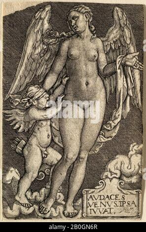 Nach Hans Sebald Beham, Deutsch, 1500-1550, Venus und Cupid, Gravur auf verlegtem Papier, Blatt: 3 1/8 x 2 Zoll. (7,9 x 5,1 cm Stockfoto