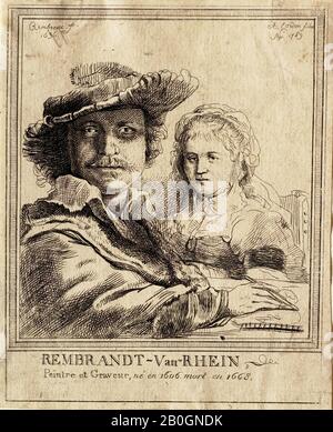 Antoine Cardon, flämisch, 1772-13, Nach Rembrandt van Rijn, (niederländisch, 1606-1669), Selbstporträt mit Saskia, 1782-13833, Radierung auf verlegtem Papier, Rand: 4 15/16 x 3 7/8 Zoll. (12,5 x 9,9 cm Stockfoto