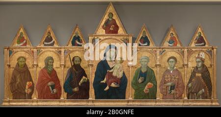 Ugolino di Nerio, Italienisch, aktiv 1317-1339/49, Jungfrau und Kind mit den Heiligen Franziskus, Andreas, Paul, Peter, Stephen und Louis von Toulouse, c 1317-21, Tempera und Gold auf Platte, 64 7/16 x 134 7/16 Zoll (163,7 x 341,4 cm Stockfoto