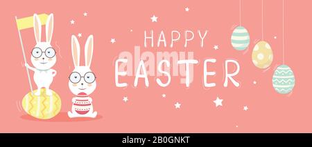 Happy Easter Banner, Kopfzeilendesign Mit Eiern Und Häschen Stock Vektor