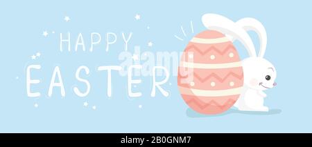 Happy Easter Banner, Kopfzeilendesign Mit Eiern Und Häschen Stock Vektor