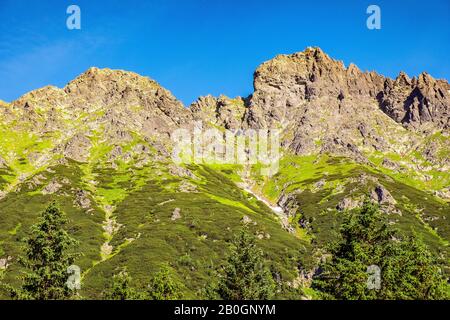 Panoramablick auf Den Sieben Gratskamm - Siedem Granatow - in der Zabia Gran Range über das Rybi Potok Valley in den Tatra Mountains, in der Nähe von Zakopane in Polen Stockfoto