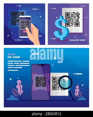 Poster mit qr-code und Symbolen festlegen Stock Vektor