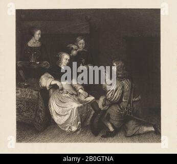 Nach Gabriel Metsu, Holländisch, 1629-1667, Höfling Cavalier, Ende des 19. Jahrhunderts, Radierung auf Papier, Bild: 8 3/4 x 9 1/2 Zoll. (22,2 x 24,2 cm Stockfoto