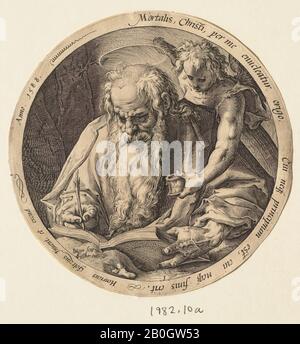 Jacques de Gheyn II., niederländisch, 1565-1629, Nach Hendrick Goltzius, (niederländisch, 1558-1617), Sankt Matthew, 1588, Gravur auf Papier, 6 3/4 × 6 3/4 Zoll. (17,1 × 17,1 cm Stockfoto