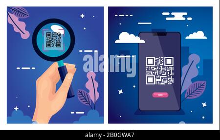 Poster mit qr-code und Symbolen festlegen Stock Vektor