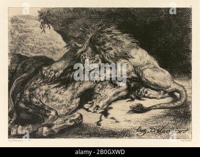 Eugène Delacroix, Französisch, 178-22, Löwe, Der ein Pferd Verschlingt, 1844, Lithographisch auf einer Chinakollé auf Papier, Bild: 6 5/8 x 9 Zoll. (16,9 x 22,9 cm Stockfoto