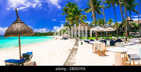 Luxusurlaub - Insel Mauritius. Herrliche Strandresorts im tropischen Paradies Stockfoto