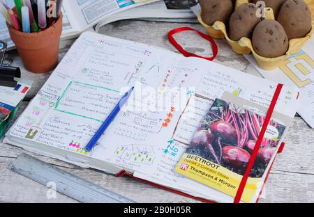 Planen eines Gemüsegartens im Spätwinter mit Gartennotizbuch, Pflanzkartoffeln und Saatgutpaketen. GROSSBRITANNIEN Stockfoto