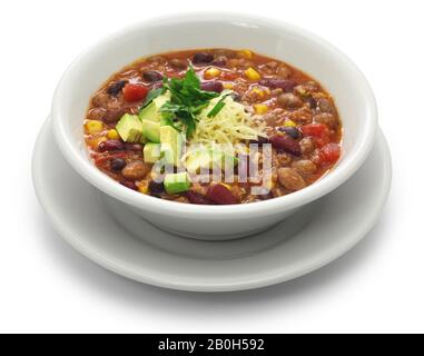 Taco-Suppe ist eine amerikanische Suppe, die jeder leicht mit Oktopuswürzen und Konserven, Tomaten und Mais herstellen kann. Stockfoto