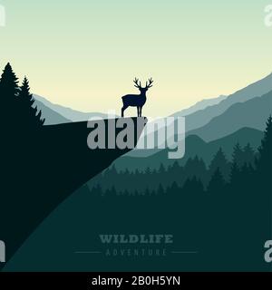 Wildlife Adventure Elk in der Wildnis auf einer Klippenvektorillustration EPS10 Stock Vektor