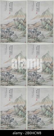 Nach Wang Hui, Landschaft im Stil von Zhao Boju (Fang Zhao Boju shanshui), China, Qing-Dynastie (1644-1911), Nach Wang Hui (Chinesisch 1632-1717), 1654, China, Hängende Schriftrolle; Tinte und Farbe auf Papier, Bild: 23 1/2 x 14 7/8 Zoll. (59,7 x 37,8 cm), Gesamt mit Montage: 76 5/8 x 19 1/2 Zoll (194,6 x 49,5 cm), Insgesamt mit Knöpfen: 76 5/8 x 23 Zoll (194,6 x 58,4 cm), Gemälde Stockfoto