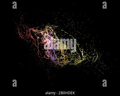 3d Bild einer Explosion von mehrfarbigen Flüssigkeiten darstellen. Schwarzer Hintergrund, hängende Tropfen, niemand um sich herum. Bewegungskonzept. Stockfoto