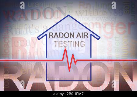 Die Gefahr von Radongas in unseren Häusern - Konzeptbild mit Check-Up-Diagramm über Radonebenentests und Infografiehintergrund. Stockfoto