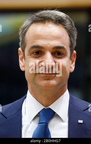 Brüssel, Belgien. Februar 2020. Griechenlands Ministerpräsident Kyriakos Mitsotakis auf dem Sondergipfel des Europäischen Rates in Brüssel. Foto. Februar 2020. Jp Black ***SLOVAKIA, POLEN OUT* Credit: Jp Black/ZUMA Wire/Alamy Live News Stockfoto