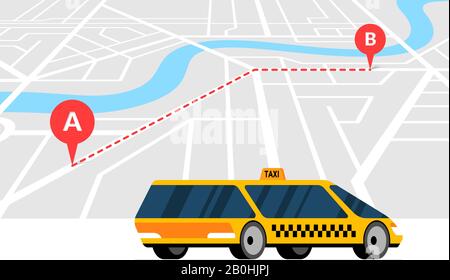 Taxi Bestellung und Navigation Service Konzept. Route A nach B mit GPS-Positionsnadel-Ankunftsadresse auf isometrischem Stadtplan und modernem gelben Fahrerhaus. Holen Sie sich die flache Vektordarstellung des Taxicabs Stock Vektor