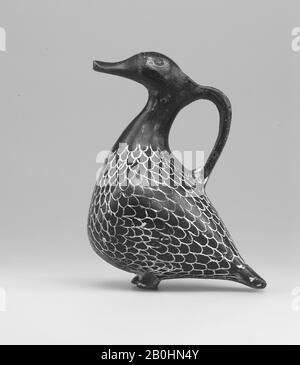 Erzählen Sie el-Yahudiya' Vase in Form eines Duck, des Mittleren Königreichs - Des Frühen neuen Königreichs, Der Späten Dynastie 13-frühen Dynastie 17, Ca. 1700 v. Chr., Aus Ägypten, Oberägypten, Theben, Deir el-Bahri, Grab von Iuy, An der Oberfläche in der Nähe von Grab, 1922-23, Töpferei, Rauchschwärze, weißer Gips, H. 9 cm Stockfoto