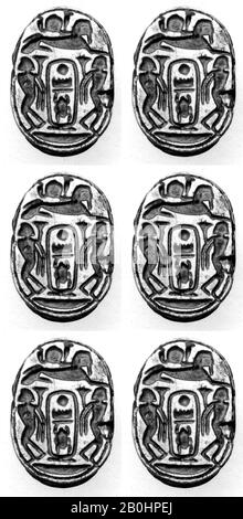 Scarab von Thutmose III, Neues Königreich, Dynastie 18, Herrschaft Thutmose III, ca. 1479-1425 v. Chr., Aus Ägypten, Glasierte Steatite, l. 2,8 cm (1 1/8 Zoll Stockfoto