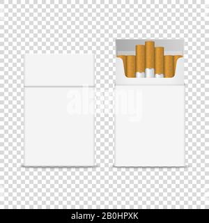 Vector 3d Realistisch Geschlossen und Geöffnet Leer Leer mit Cigarettes Pack Box Symbol Auf Transparenten Hintergrund geschlossen. Designvorlage Stock Vektor