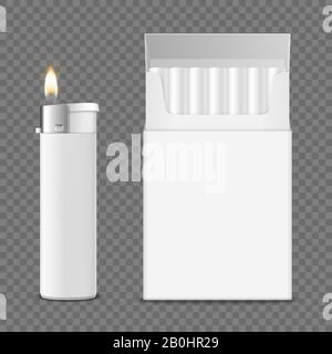 Vector 3d Realistische, Geschlossene Leere Zigarettenschachtel mit Zigaretten und Feuerzeug mit Flame Set Closeup Isoliert auf Transparentem Hintergrund Stock Vektor