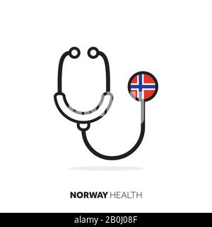 Konzept für das Gesundheitswesen in Norwegen. Medizinisches Stethoskop mit Landesflaggen Stock Vektor