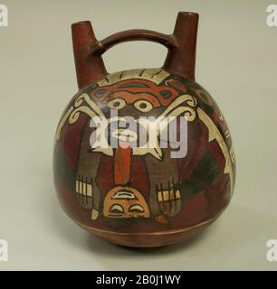 Doppelspout und Brückenflasche mit Vogeldemon, Nasca, 1. Bis 6. Jahrhundert, Peru, Nasca, Keramik, Pigment, H. 7 1/4 Zoll (18,42 cm), Ceramics-Container Stockfoto