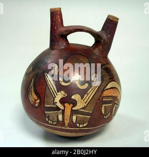 Doppelte Spout- und Brückenflasche mit Gesichtern, Nasca, 1. Bis 6. Jahrhundert, Peru, Nasca, Keramik, Pigment, H. 7 5/8 × Diam. 6 1/8 Zoll (19,4 × 15,6 cm), Ceramics-Container Stockfoto