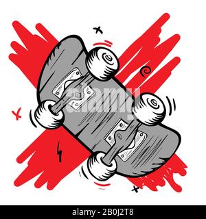 Authentisches Skateboarding-Logo im alten Schulstil. Klassisches Skateboard durchgestrichen mit roter Farbe. Stock Vektor