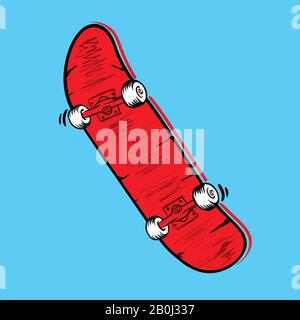 Rotes Skateboard. Abbildung des Symbols für die flache Vektorkontur auf blauem Hintergrund isoliert. Stock Vektor