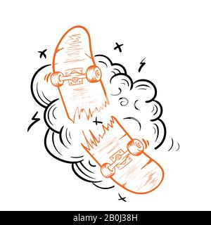 Klassische monochrome, kaputte Skateboard-Vorlage, isolierte Vektorgrafiken Stock Vektor