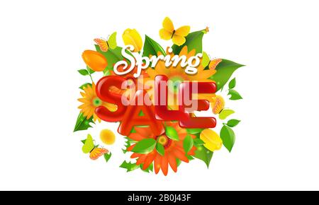Werbebanner Für Das Frühlingsangebot. Blüte. Schmetterling. Blumen. Blatt. Hell. Shopping.Trendy Background.Decorative.Broschüre Illustration.Clearance. Stockfoto