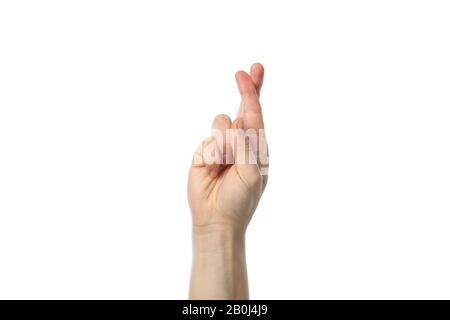 Frau Hand mit gekreuzten Fingern isoliert auf weißem Hintergrund Stockfoto