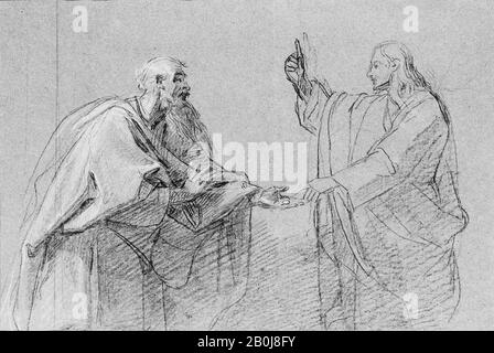 John Singleton Copley, Studie für "The Tribute Money", American, John Singleton Copley (American, Boston, Massachusetts 1738-1815 London), 178ons, amerikanische, schwarze Kreide und Weißkreide, die auf blauem Papier verstärkt werden, 12 1/8 x 19 3/4 Zoll. (30,8 x 50,2 cm), Zeichnungen Stockfoto