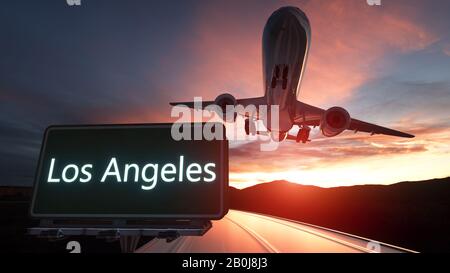 Grünes Straßenschild und Flugzeug von Los Angeles oben mit dramatischem blauen Himmel und Wolken. 3D-Rendering. Stockfoto