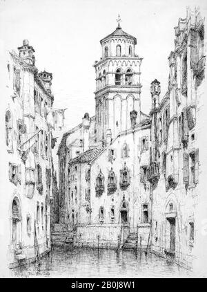 Andrew Fisher Bunner, Rio e Campanile San Martino, Venice, American, Andrew Fisher Bunner (53-1897), 1883, American, Pen and Black Ink on off-White Wove paper, 13 x 9 3/4 in. (33 x 24,8 cm), Zeichnungen Stockfoto