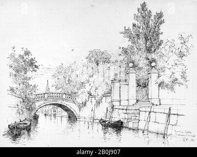 Andrew Fisher Bunner, Giardini Publici, Fondamenta San Giuseppe, Venice, American, Andrew Fisher Bunner (1841-1897), 1885, amerikanische, schwarze Tinte auf Papier aus weißem Taubenpapier, 9 3/8 x 12 3/8 Zoll (23,8 x 31,4 cm), Zeichnungen Stockfoto